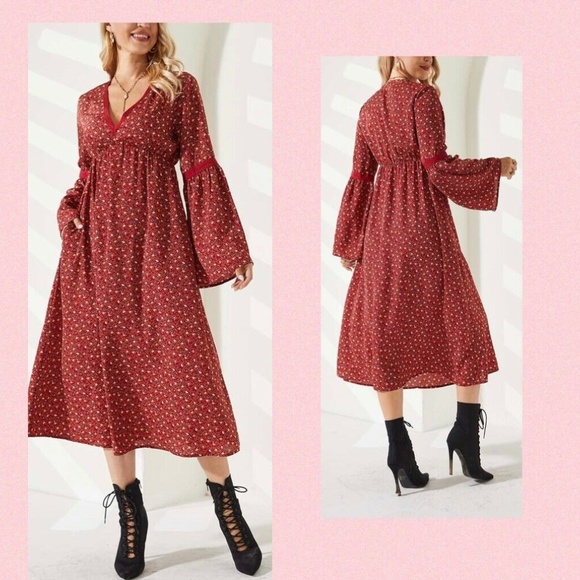 SUZANNE BETRO "RUST FLORAL LACE TRIM~MIDI DRESS~V-NECK~BELL SLEEVES~X-LARGE - Picture 2 of 9